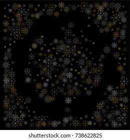 Christmas snow spray background of a random scatter snowflakes isolated on black. Snow explosion. Ice storm.