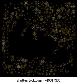 Christmas snow spray background of a random scatter snowflakes isolated on black. Snow explosion. Ice storm.
