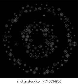 Christmas snow spray background of a random scatter snowflakes isolated on black. Snow explosion. Ice storm.