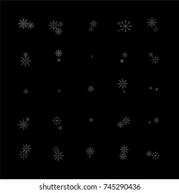 Christmas snow spray background of a random scatter snowflakes isolated on black. Snow explosion. Ice storm.