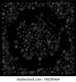 Christmas snow spray background of a random scatter snowflakes isolated on black. Snow explosion. Ice storm.