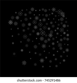 Christmas snow spray background of a random scatter snowflakes isolated on black. Snow explosion. Ice storm.