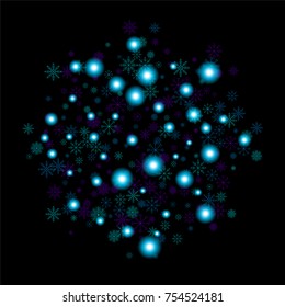 Christmas snow spray background of a random scatter snowflakes isolated on black. Snow explosion. Ice storm.