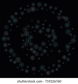 Christmas snow spray frame or border of a random scatter snowflakes isolated on black. Snow explosion. Ice storm.