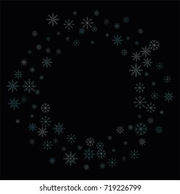 Christmas snow spray frame or border of a random scatter snowflakes isolated on black. Snow explosion. Ice storm.