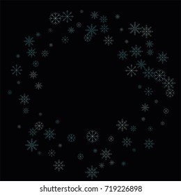 Christmas snow spray frame or border of a random scatter snowflakes isolated on black. Snow explosion. Ice storm.