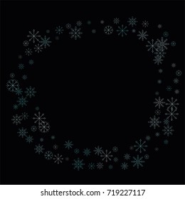 Christmas snow spray frame or border of a random scatter snowflakes isolated on black. Snow explosion. Ice storm.