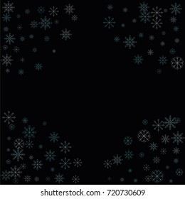 Christmas snow spray frame or border of a random scatter snowflakes isolated on black. Snow explosion. Ice storm.