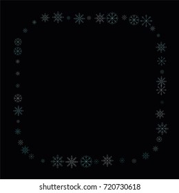 Christmas snow spray frame or border of a random scatter snowflakes isolated on black. Snow explosion. Ice storm.