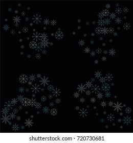 Christmas snow spray frame or border of a random scatter snowflakes isolated on black. Snow explosion. Ice storm.
