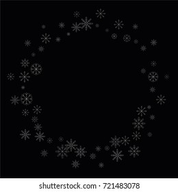 Christmas snow spray frame or border of a random scatter snowflakes isolated on black. Snow explosion. Ice storm.