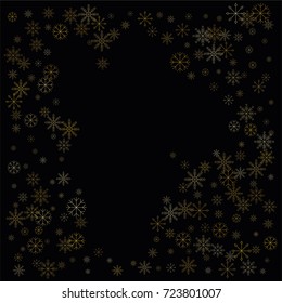 Christmas snow spray frame or border of a random scatter snowflakes isolated on black. Snow explosion. Ice storm.
