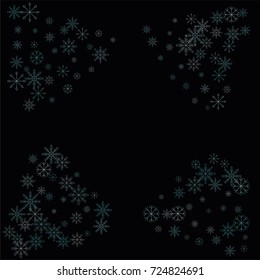 Christmas snow spray frame or border of a random scatter snowflakes isolated on black. Snow explosion. Ice storm.
