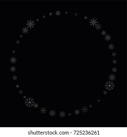 Christmas snow spray frame or border of a random scatter snowflakes isolated on black. Snow explosion. Ice storm.