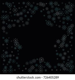 Christmas snow spray frame or border of a random scatter snowflakes isolated on black. Snow explosion. Ice storm.