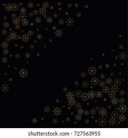 Christmas snow spray frame or border of a random scatter snowflakes isolated on black. Snow explosion. Ice storm.