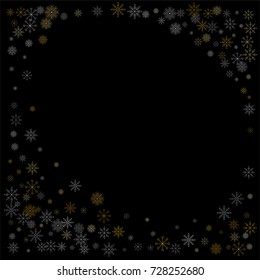 Christmas snow spray frame or border of a random scatter snowflakes isolated on black. Snow explosion. Ice storm.