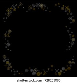 Christmas snow spray frame or border of a random scatter snowflakes isolated on black. Snow explosion. Ice storm.