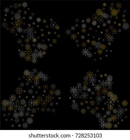 Christmas snow spray frame or border of a random scatter snowflakes isolated on black. Snow explosion. Ice storm.
