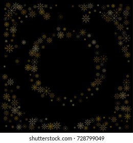 Christmas snow spray frame or border of a random scatter snowflakes isolated on black. Snow explosion. Ice storm.