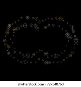 Christmas snow spray frame or border of a random scatter snowflakes isolated on black. Snow explosion. Ice storm.