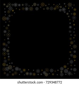 Christmas snow spray frame or border of a random scatter snowflakes isolated on black. Snow explosion. Ice storm.