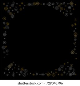 Christmas snow spray frame or border of a random scatter snowflakes isolated on black. Snow explosion. Ice storm.