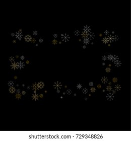Christmas snow spray frame or border of a random scatter snowflakes isolated on black. Snow explosion. Ice storm.