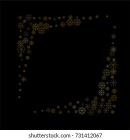 Christmas snow spray frame or border of a random scatter snowflakes isolated on black. Snow explosion. Ice storm.