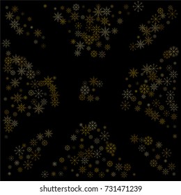 Christmas snow spray frame or border of a random scatter snowflakes isolated on black. Snow explosion. Ice storm.