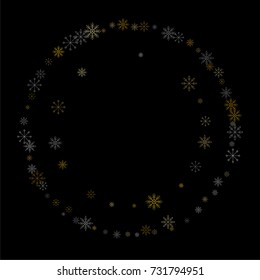 Christmas snow spray frame or border of a random scatter snowflakes isolated on black. Snow explosion. Ice storm.