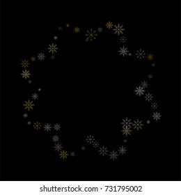 Christmas snow spray frame or border of a random scatter snowflakes isolated on black. Snow explosion. Ice storm.