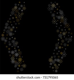 Christmas snow spray frame or border of a random scatter snowflakes isolated on black. Snow explosion. Ice storm.