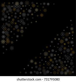 Christmas snow spray frame or border of a random scatter snowflakes isolated on black. Snow explosion. Ice storm.