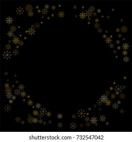 Christmas snow spray frame or border of a random scatter snowflakes isolated on black. Snow explosion. Ice storm.