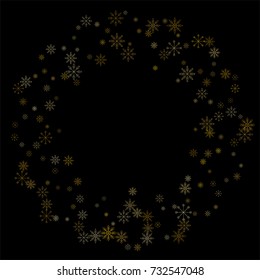 Christmas snow spray frame or border of a random scatter snowflakes isolated on black. Snow explosion. Ice storm.
