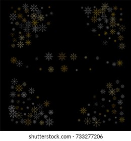 Christmas snow spray frame or border of a random scatter snowflakes isolated on black. Snow explosion. Ice storm.