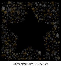 Christmas snow spray frame or border of a random scatter snowflakes isolated on black. Snow explosion. Ice storm.