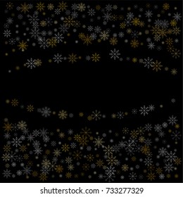 Christmas snow spray frame or border of a random scatter snowflakes isolated on black. Snow explosion. Ice storm.