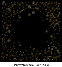 Christmas snow spray frame or border of a random scatter snowflakes isolated on black. Snow explosion. Ice storm.