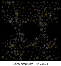 Christmas snow spray frame or border of a random scatter snowflakes isolated on black. Snow explosion. Ice storm.