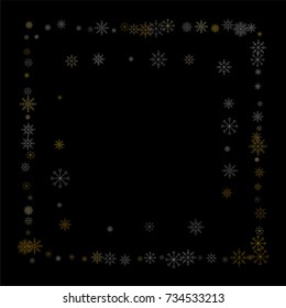 Christmas snow spray frame or border of a random scatter snowflakes isolated on black. Snow explosion. Ice storm.