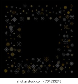 Christmas snow spray frame or border of a random scatter snowflakes isolated on black. Snow explosion. Ice storm.