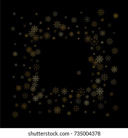 Christmas snow spray frame or border of a random scatter snowflakes isolated on black. Snow explosion. Ice storm.
