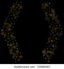 Christmas snow spray frame or border of a random scatter snowflakes isolated on black. Snow explosion. Ice storm.