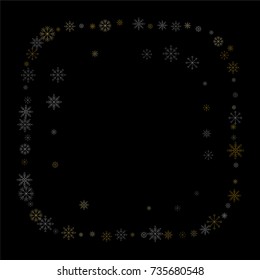 Christmas snow spray frame or border of a random scatter snowflakes isolated on black. Snow explosion. Ice storm.