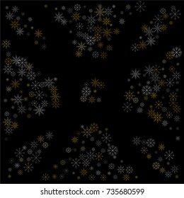 Christmas snow spray frame or border of a random scatter snowflakes isolated on black. Snow explosion. Ice storm.