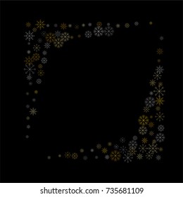 Christmas snow spray frame or border of a random scatter snowflakes isolated on black. Snow explosion. Ice storm.