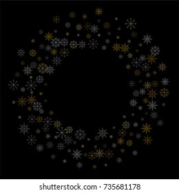 Christmas snow spray frame or border of a random scatter snowflakes isolated on black. Snow explosion. Ice storm.