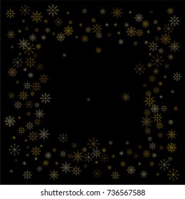 Christmas snow spray frame or border of a random scatter snowflakes isolated on black. Snow explosion. Ice storm.